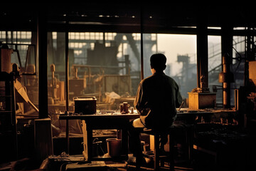 Fototapeta na wymiar A solitary factory worker is seen through a window of an otherwise dusky factory. There is a monitor of machinery in front of them showing that their attention is devoted to the machines.