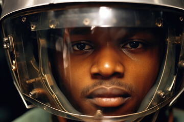 A closeup shot of a factory workers face reveals a unique combination of concentration and determination in their expression. They are wearing a protective metal face shield in the process