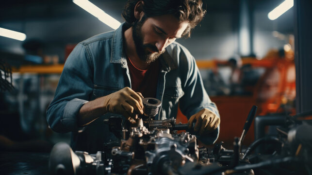 A Mechanic kneels in an open bay as he examines a complicated mechanism the handle of the ratchet hanging off his waist adding to the detail of the scene.