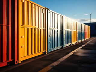 A line of brightly painted shipping containers in a busting port the sun reflecting off the metal giving the scene a warm inviting glow.