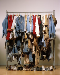 A disheveled clothing rack filled with shirts pants and shoes all of which have been heavily discounted for a final markdown.