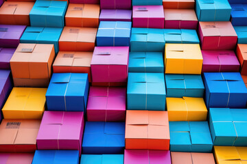 An organized stacks of colorful shipping boxes each with a unique tracking number and ready for delivery to the customers.