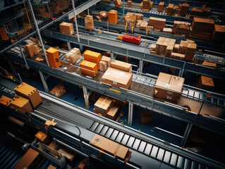 A birdseye view of countless pieces of merchandise slowly moving down a conveyor belt towards a large automatic sorting machine.