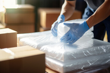 Worker packing boxes with packing materials and bubble wrap to protect shipments. - obrazy, fototapety, plakaty