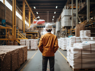 Fototapeta premium A factory worker stands with their back to the camera stoically towering over a pile of raw materials in the centre of a bustling production line.