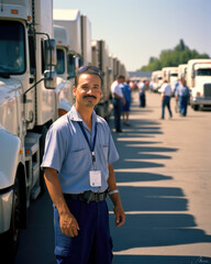 A worker stands at the back of a line of parked trucks checking the cargo in preparation for shipping. He wears a blue uniform and safety glasses. He has short dark hair and a goatee and is pushing