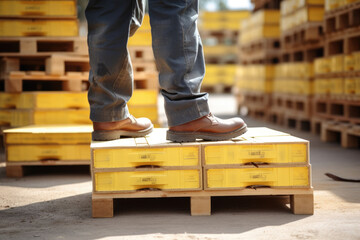 A woman wearing a yellow hard hat and brown work boots stands on a platform carefully maneuvering each box onto the pallet below her creating a neat square stack.