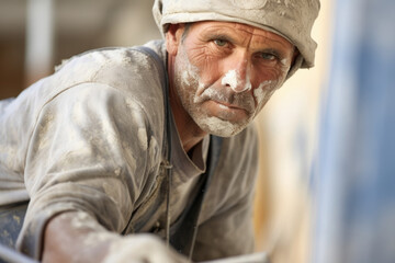 A plasterer looks towards the camera with a determination in his eyes plaster dust clinging to his hair and overalls. He holds a plastering hawk in his left hand a testament years of experience.