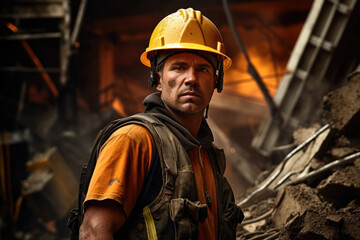 In the ruin of a building stands a figure of a Demolition Worker in a state of brooding readiness. The hard hat and tool belt are extensions of his power and strength while his gaze focusses intently
