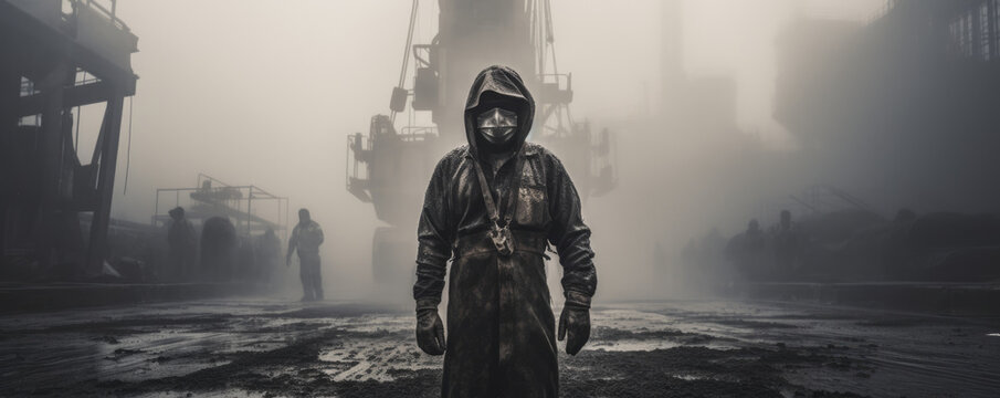 A drilling worker stands proud their stature dominated by the drill in their hand. In the photograph their figure is highlighted surrounded by the dust and fog of the work site.