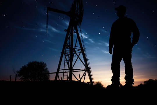 The silhouette of a roustabout is seen against the backdrop of a clear night sky the stars ling in the background as the silhouette proudly stands tall in the morning mist.