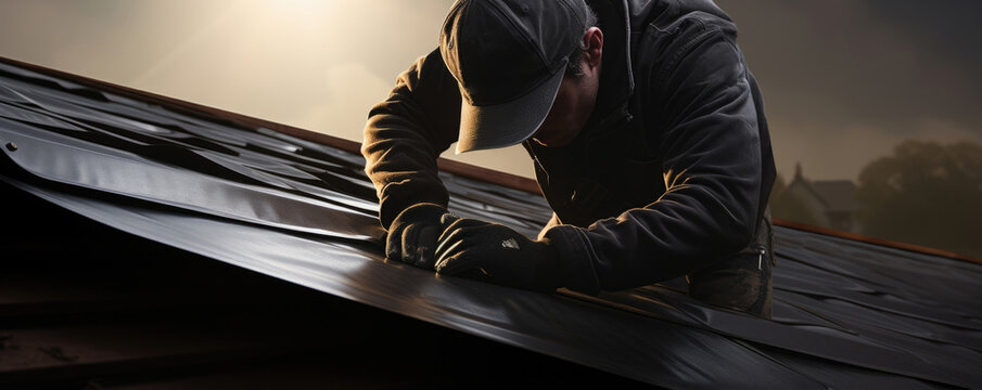 A Roofer is caught in the act of screwing a metal flashing onto the roof of a large house. His textured leather gloves protect his hands as he works in the late afternoon sun.