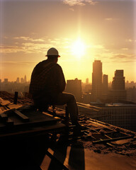 Fototapeta premium Taking a breather on the roof of a high rise a Construction Worker marvels at the raw strength and complexity of the manmade world illuminated by the brilliant golden sun.