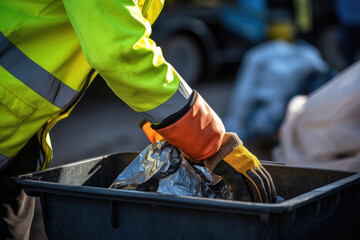 Fototapeta premium A Garbage Collector diligently shovels items of trash into the large container hands resting on the tool for comfort and support.
