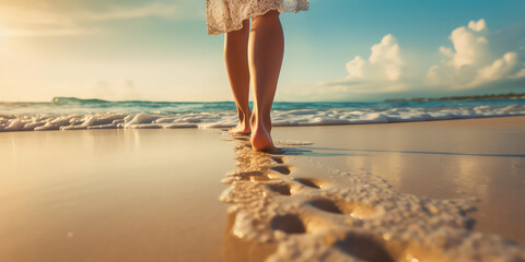 Wet shoreline sand with barefoot prints. Closeup back view photograph woman legs walking barefoot along a beautiful beach. 