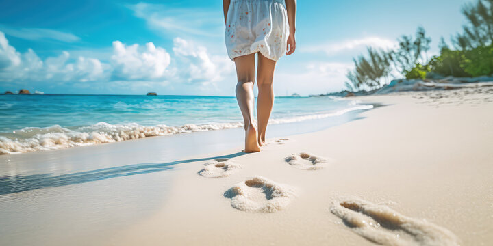 Wet shoreline sand with barefoot prints. Closeup back view photograph woman legs walking barefoot along a beautiful beach. 