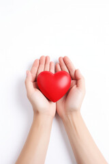 Obraz premium girls hands holding red heart on white background. top view. health, support and love. taking care of your health.
