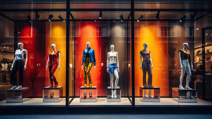 Stylish mannequins behind the glass display window exhibit the latest fashion trends, visible from the outside of the store