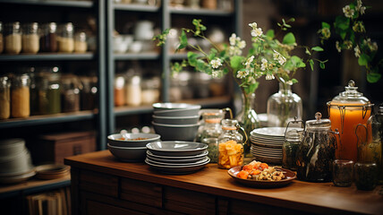 Fototapeta premium empty wooden table with a lot of different dishes
