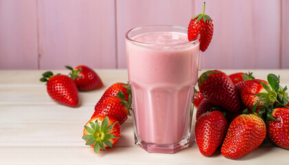 Glass of fresh strawberry milkshake, smoothie and fresh strawberries on pink, white and wooden background. Healthy food and drink concept.