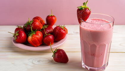 Glass of fresh strawberry milkshake, smoothie and fresh strawberries on pink, white and wooden background. Healthy food and drink concept.