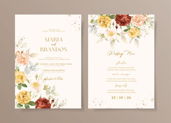 Watercolor wedding invitation template set with beautiful red yellow and leaves decoration