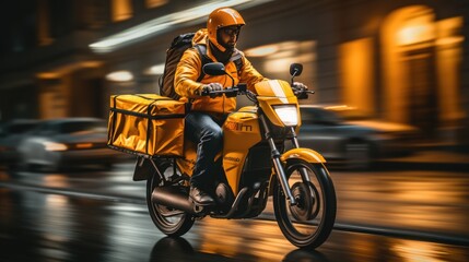 Modern delivery motorcycle driving fast in city traffic.