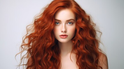 Fototapeta premium Fiery Redhead Portrait: A captivating portrait of a young woman with long, luscious, curly auburn hair. Her striking green eyes and flawless complexion create a mesmerizing image.