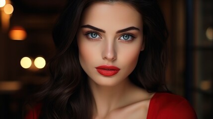 portrait of a glamorous brunette model with long black hair and red lips