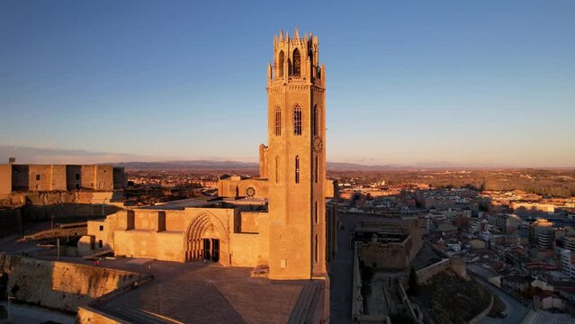 Panoramic aerial drone view of medieval 13th century Cathedral of St Mary of La Seu Vella is symbol of reconquista, typical gothic architecture style, iconic monument in city of Lleida,Catalonia,Spain