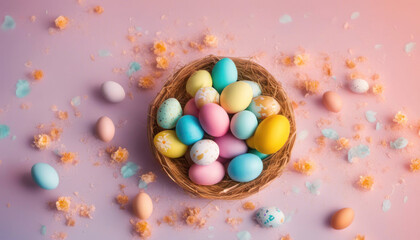 Fototapeta na wymiar Colorful happy easter eggs in a nest with copy space