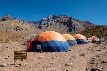 Confluencia Tent Domes and Camping Area with Restaurant Post Sign. Mount Aconcagua Provincial Park, Horcones Basecamp Climbing Route Expedition, Mendoza Argentina
