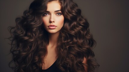 Fototapeta premium Sultry Confidence: A close-up portrait of a woman with long, flowing brunette curls, her eyes captivating and her expression exuding confidence and allure. The soft lighting creates a warm glow.