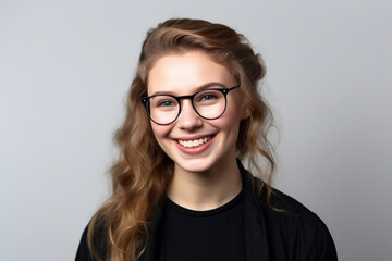 Fototapeta premium Captivating portrait of a delighted woman donning glasses, exuding happiness and contentment, captured against a plain white background.