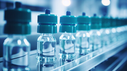 Medical vials on a pharmaceutical production line at a state-of-the-art pharmaceutical factory, with a pharmaceutical machine diligently producing pharmaceutical glass bottles in the background.