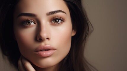 Obraz premium Portrait of a Woman: Close-up portrait of a young woman with beautiful brown eyes and long dark hair, showcasing her natural beauty and flawless skin. The soft lighting enhances her features.