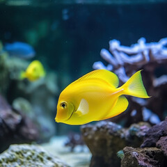 lifestyle photo yellow tang fish in aquarium