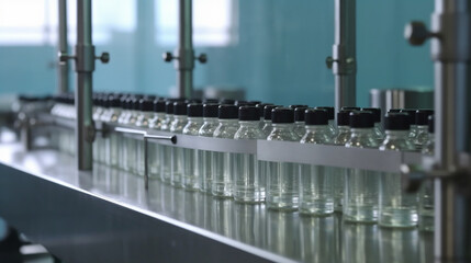 Medical vials on a pharmaceutical production line at a state-of-the-art pharmaceutical factory, with a pharmaceutical machine diligently producing pharmaceutical glass bottles in the background.