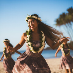 lifestyle photo women hula dancers in hawaii on beach - obrazy, fototapety, plakaty