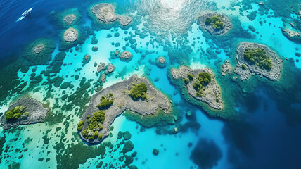 Above view Islands embraced by pristine turquoise waters and vibrant coral reef