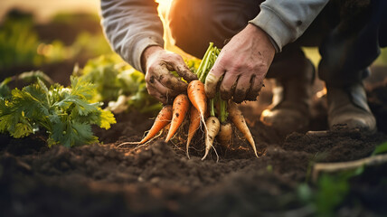 The farmer's hands harvesting carrots pulled from the soil