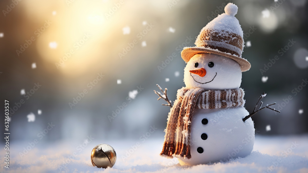 Wall mural A snowman adorned with a festive hat and scarf during daytime snowfall - Wall murals