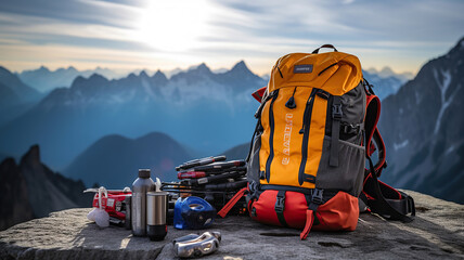 Mountain climbing gear set against a stunning mountain backdrop