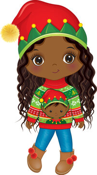 Vector Cute Black Girl Wearing Elf Hat and Christmas Sweater