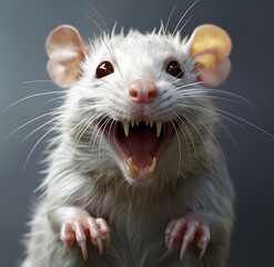 a rat showing its teeth in this illustration, in the style of uhd image, energetic, wimmelbilder, miniaturecore, white and gray