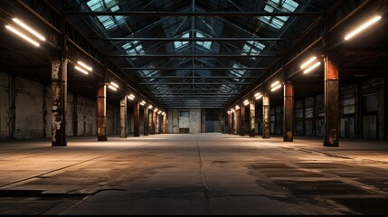 Fototapeta premium Vast Industrial Interior: A long perspective shot reveals a cavernous industrial space, its high ceiling supported by rows of aged pillars.