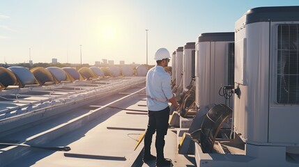 Engineer under checking the industry cooling tower air conditioner is water cooling tower air chiller HVAC of large industrial building to control air system. generative ai