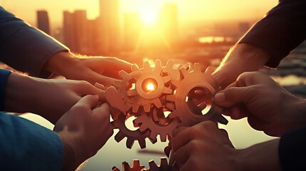 businessmen connect gears to a puzzle on a background of sunset. Business concept idea, partnership, cooperation, teamwork, community, creative. generative ai