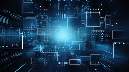 Digital Data Stream: Abstract digital data stream background with glowing squares and lines moving towards a bright center, symbolizing innovation and high technology. 