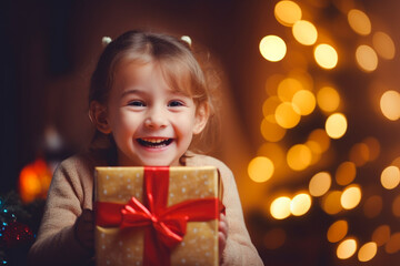 Fototapeta na wymiar Happy child opening christmas presents, christmas tree as bokeh, xmas